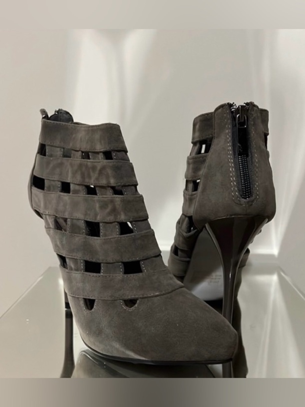 Women's Grey Strappy Faux Suede Stiletto Ankle Boots